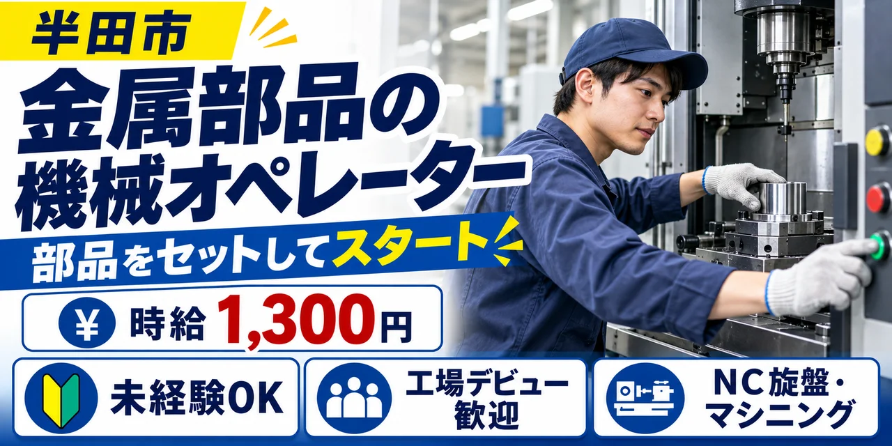 【機械オペレーター】半田市｜金属部品の製造（プログラム補正あり）｜時給1,300円・寮あり・土日休み