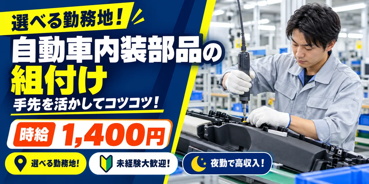【組付け】邑楽郡｜自動車内装部品｜時給1,400円・寮あり・土日休み