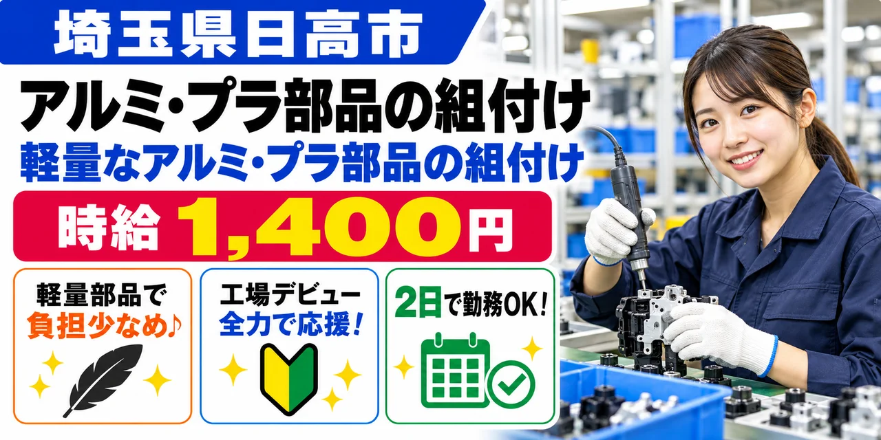 【組付け】日高市｜自動車ドアロック部品製造｜時給1,400円・寮あり・未経験OK