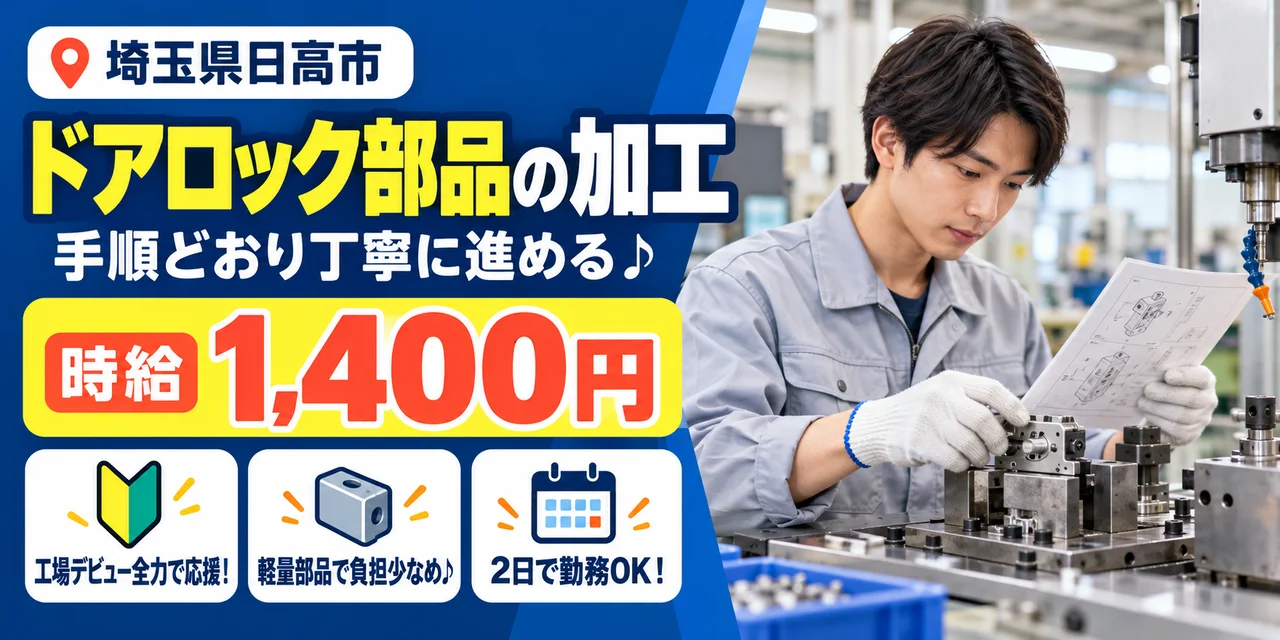 【加工】日高市｜自動車ドアロック部品製造｜時給1,400円・寮あり・未経験OK