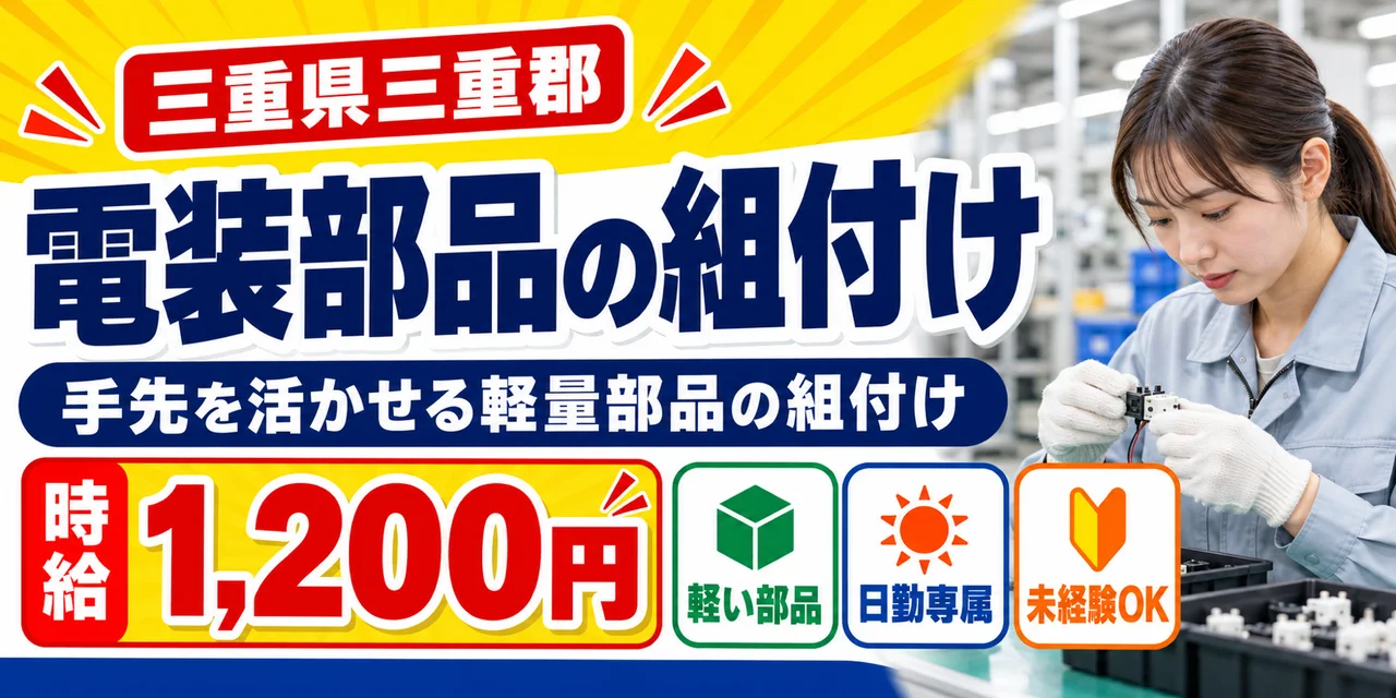 【組付け】三重郡｜電装部品の製造｜時給1,200円・寮あり・日勤のみ
