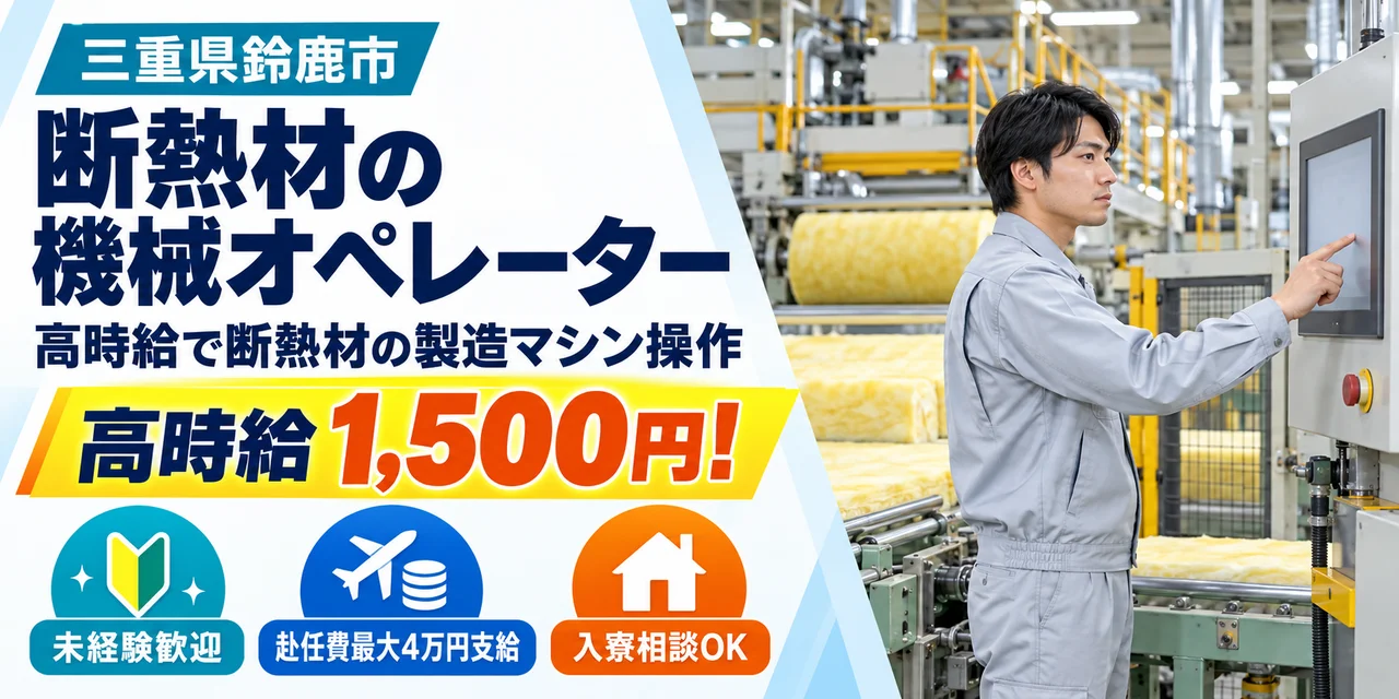 【機械オペレーター】鈴鹿市｜グラスウール製造｜時給1,500円・寮あり・未経験OK