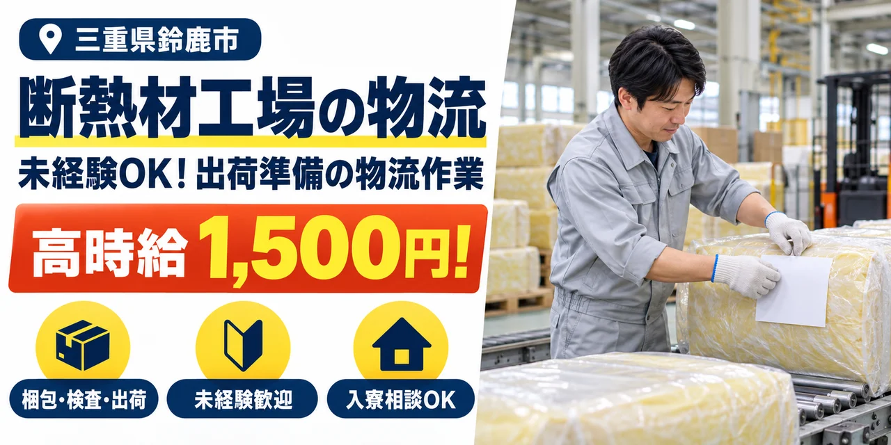 【物流】鈴鹿市｜グラスウール製造｜時給1,500円・寮あり・未経験OK