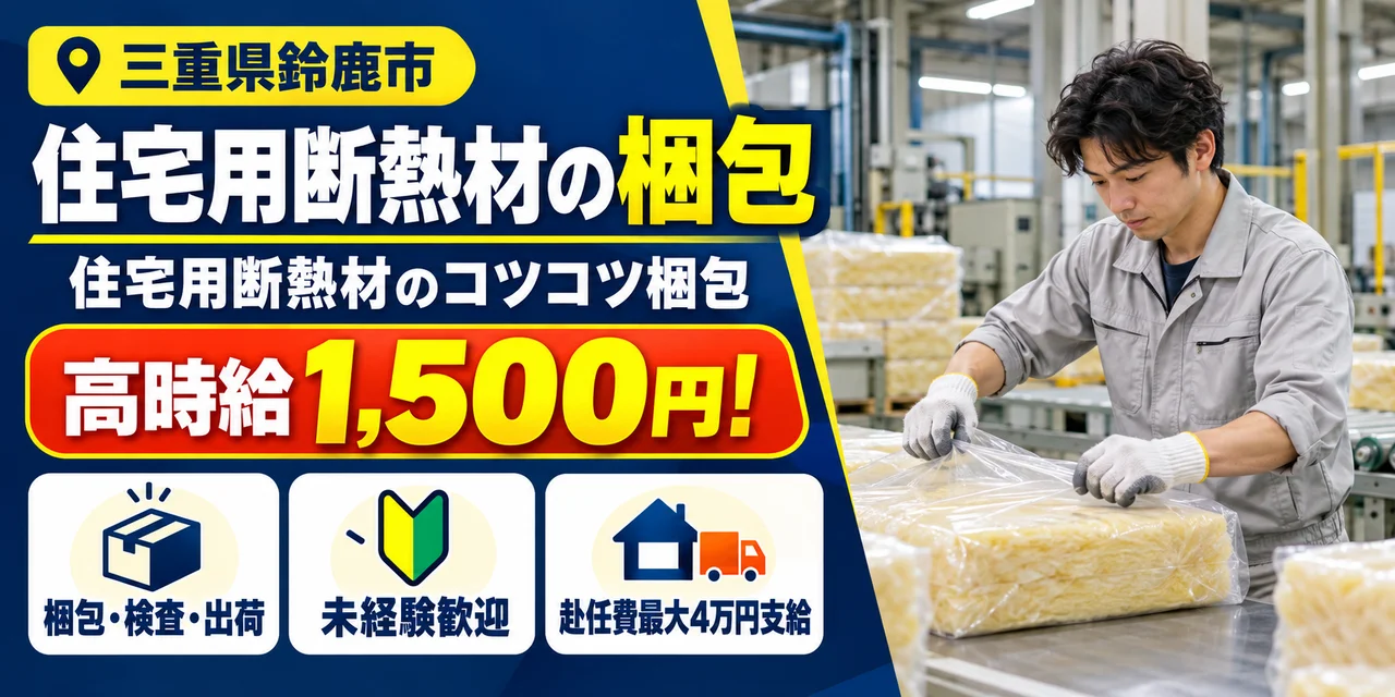 【梱包】鈴鹿市｜グラスウール製造｜時給1,500円・寮あり・未経験OK