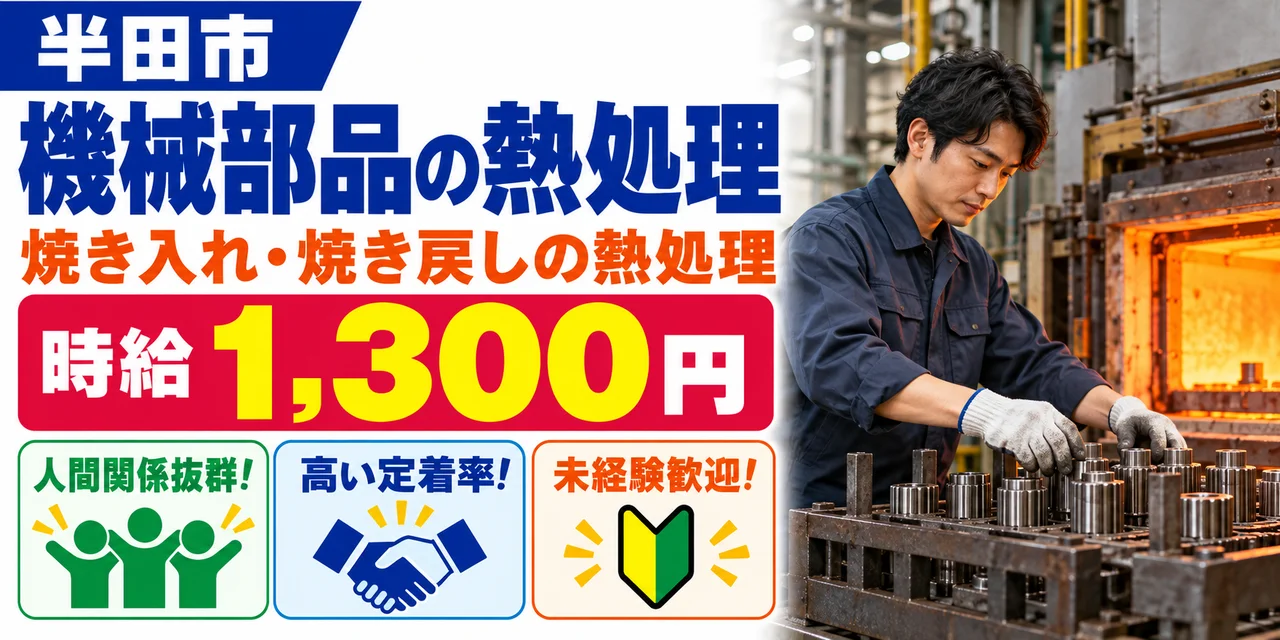 【熱処理】半田市｜ショットブラスト・焼き入れ・焼き戻し｜時給1,300円・寮あり・日勤のみ