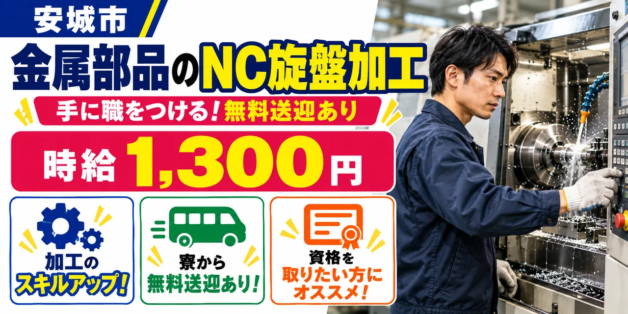 【NC旋盤加工】安城市｜金属部品の製造｜時給1,300円・寮あり・日払いOK