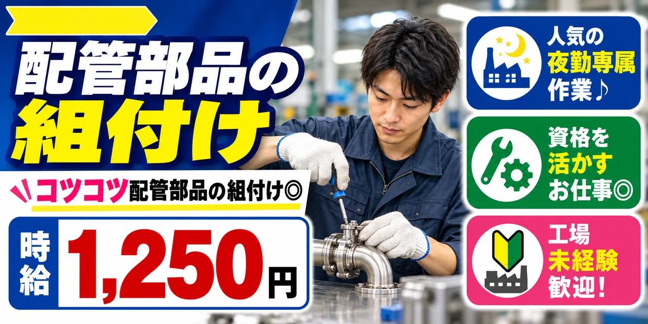 【組付け】鈴鹿市｜配管部品の製造｜時給1,200円・寮あり・夜勤専属
