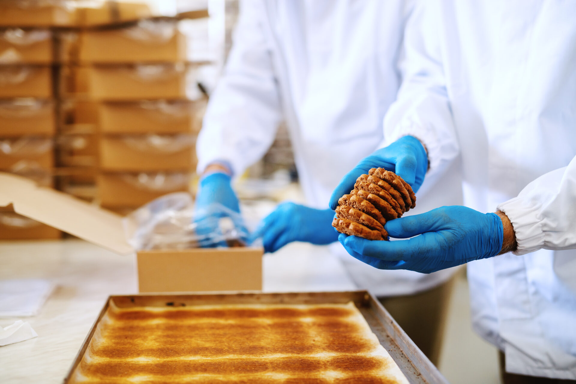 Two hard working food plant employees in sterile uniforms packing cookies in boxes.