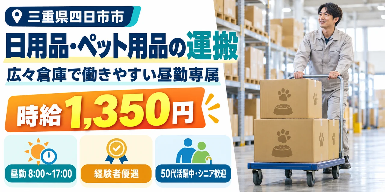 【運搬】四日市市｜株式会社光和｜日用品雑貨・ドッグフードの入出荷｜時給1,300円・寮あり・日勤のみ