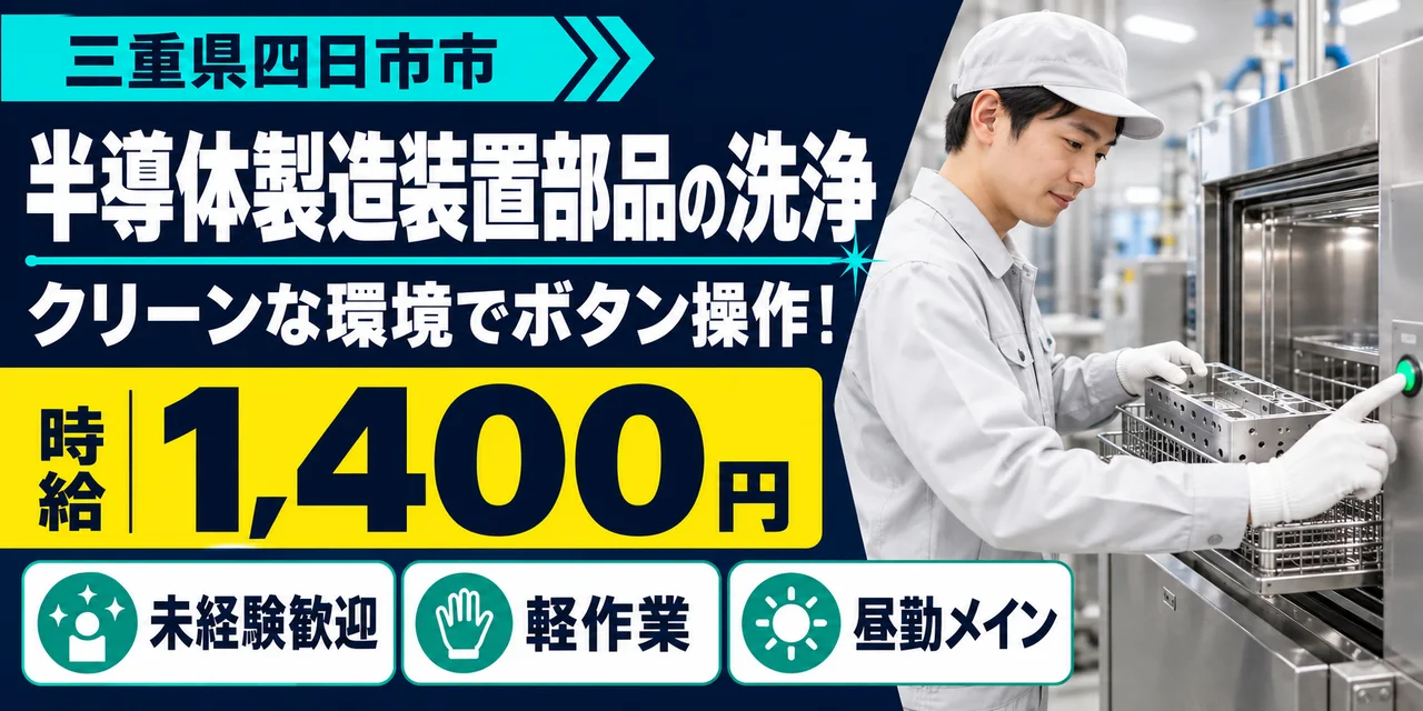【半導体部品製造】四日市市｜精密機器の洗浄作業｜時給1,300円・寮あり・日勤のみ