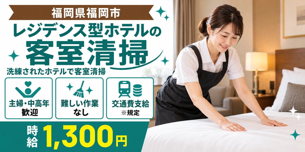 【清掃】福岡市｜レジデンス型ホテルの客室清掃｜時給1,300円・未経験OK・主婦歓迎