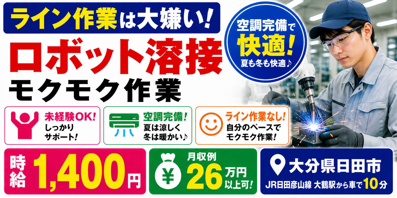 大分県日田市｜自動車部品のロボット溶接（未経験歓迎・空調完備・ライン作業では無い）