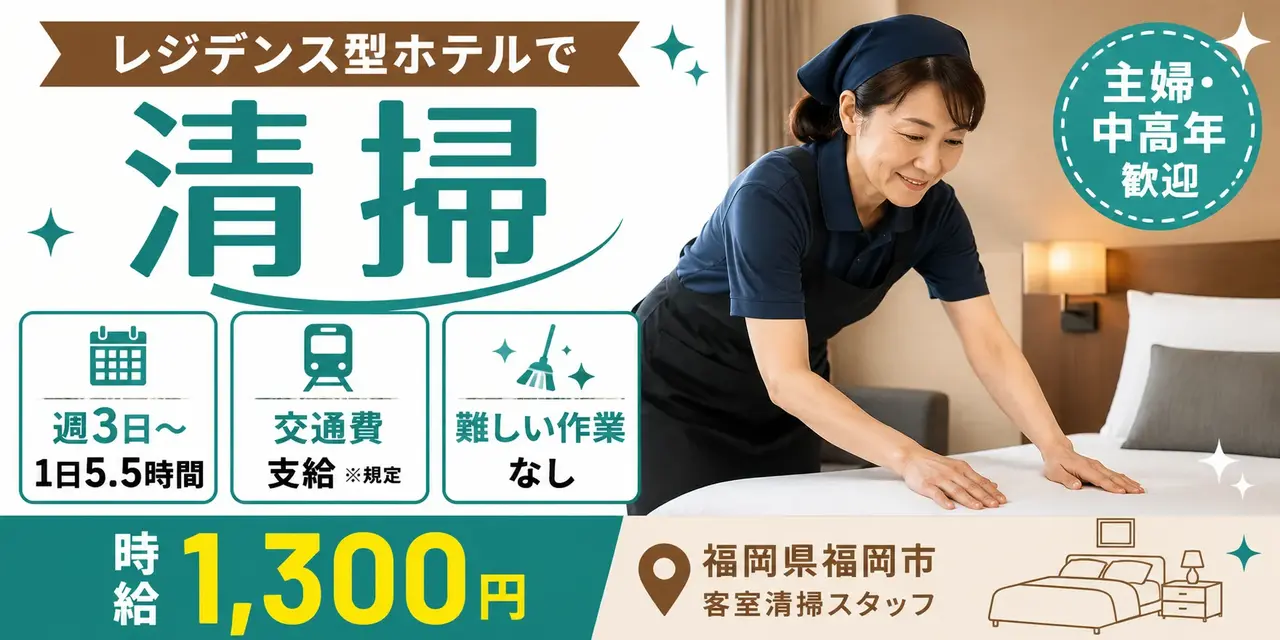 福岡県福岡市｜レジデンス型ホテルの客室清掃（未経験歓迎・ミドル活躍中・時短勤務OK）