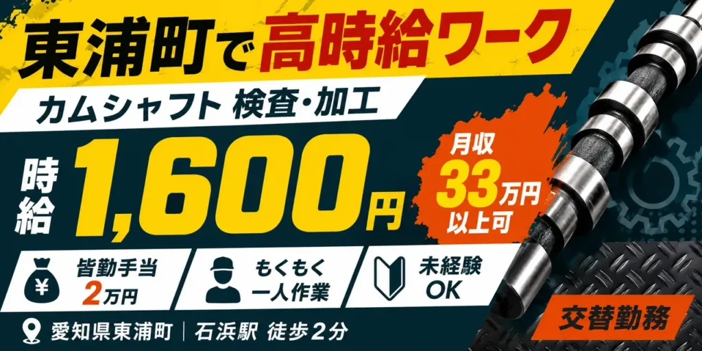 愛知県東浦町｜カムシャフト検査・加工・機械オペレーター（未経験歓迎・高収入）