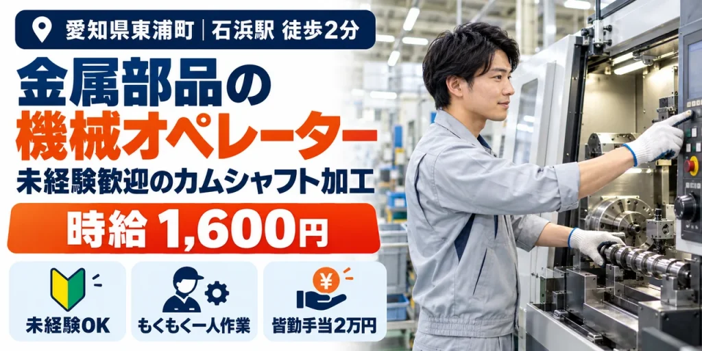 【機械オペレーター】東浦町｜カムシャフトの製造（交替勤務）｜時給1,600円・寮あり・未経験OK
